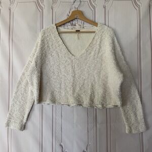 Free People Cream Popcorn V Neck Cropped Sweater Long Sleeve Women's Size S Boho